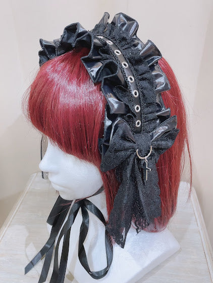 SWEET DEVIL EYELET  FAUX LEATHER HEAD DRESS (BLACK)