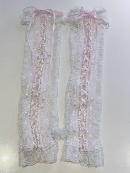 LACE UP LONG ARM WARMER (WHITE × PINK)