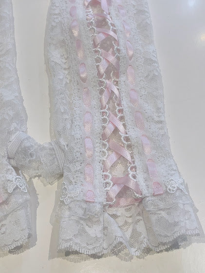 LACE UP LONG ARM WARMER (WHITE × PINK)