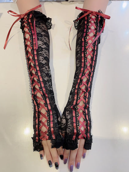 LACE UP LONG ARM WARMER (BLACK × RED)