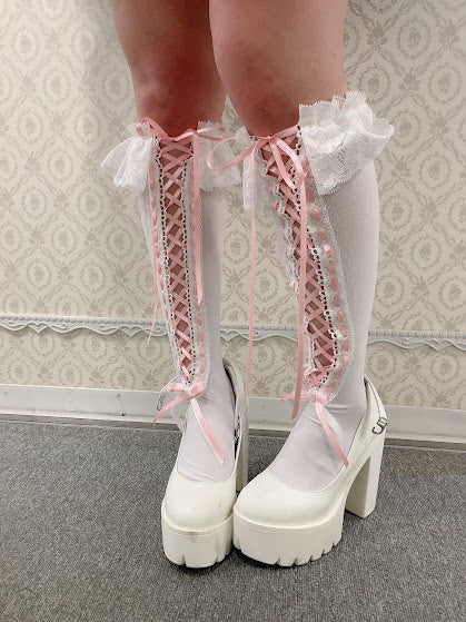 LACE-UP HIGH SOCKS (WHITE×PINK)
