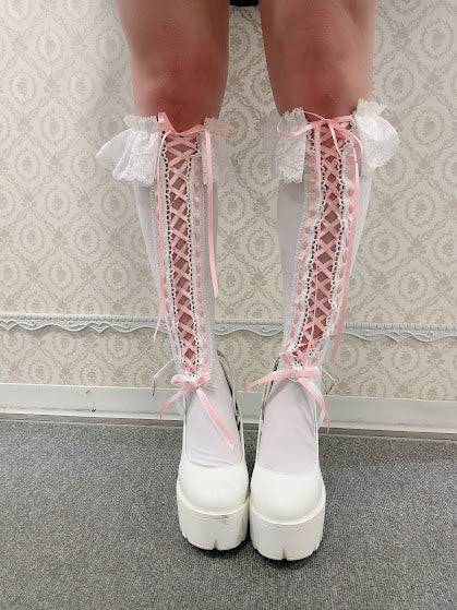 带状高袜（白色X粉红色）