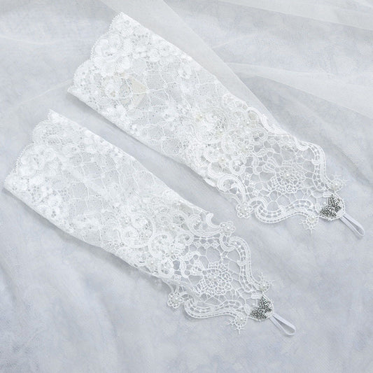 珍珠和蝴蝶无指的长手套（白色）