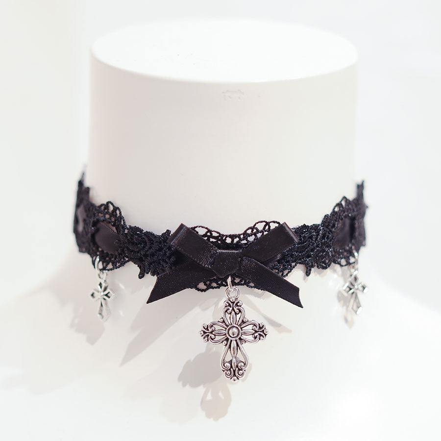 LADDER LACE CHOKER WITH CROSS CHARM (BLACK)