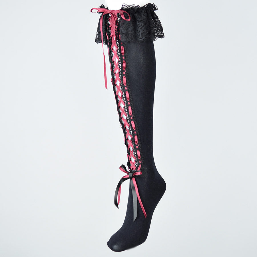 LACE-UP HIGH SOCKS (BLACK x RED)