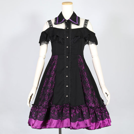衣领露肩连衣裙（黑色X紫色）